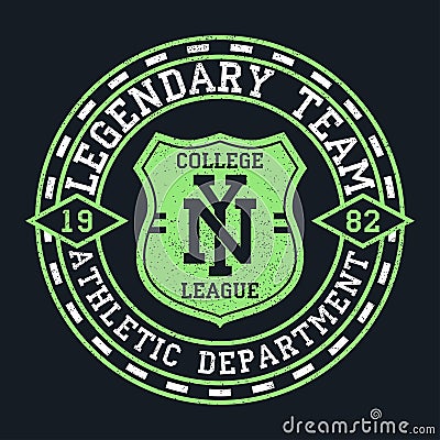 NY, New York vintage graphic for t-shirt. Original clothes design with grunge and shield. Apparel typography. Sportswear print. Vector Illustration