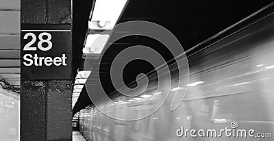 NY Subway Train Arriving Station Fast Blurred Speed Motion 28th Street NYC Editorial Stock Photo