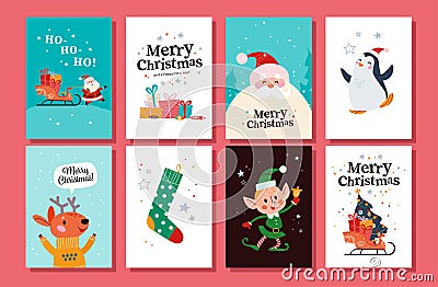 Collection of Merry Christmas congratulation cards with Santa Claus, reindeer, penguin, elf character, xmas stocking, sleigh full Vector Illustration