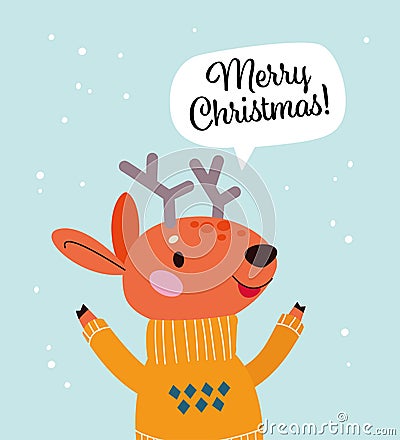 Cute animal reindeer in winter scarf, Merry Christmas congratulation in text bubble isolated. Vector Illustration