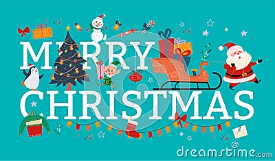 Merry Christmas and New year trendy composition with decorated fir tree, Santa Claus, xmas elf character, decor elements. Vector Illustration