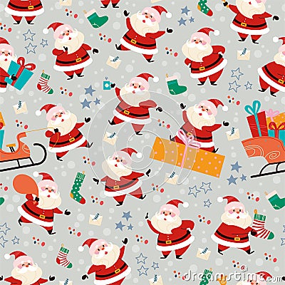 Seamless pattern with funny different Santa Claus characters with gifts, stocking, presents bag, sleigh. Vector Illustration