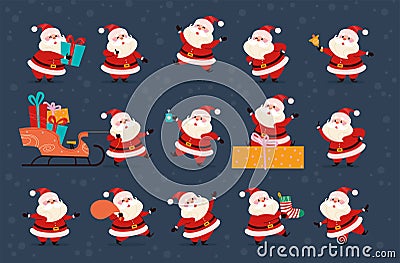 Set of funny Santa Claus characters carry gift box, presents bag and Christmas stocking, ring bell, wink, jump isolated. Vector Illustration