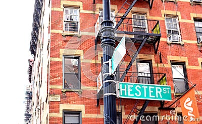 NYC Chinatown Hester Street Sign Lower East Side Manhattan Tenement Apartment Old Neighborhood Retro Style Editorial Stock Photo