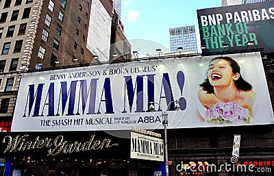 NYC: Mama Mia Billboard at Winter Garden Theatre Editorial Stock Photo