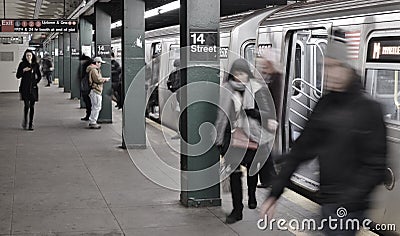 NYC 14th Street Train Station People Exiting Subway Train Doors Open Editorial Stock Photo
