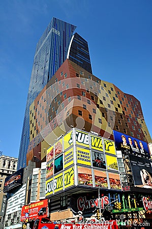 NYC: Westin Hotel and Advertising Billboards Editorial Stock Photo