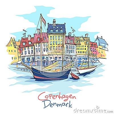 Nyhavn, Copenhagen, Denmark. Vector Illustration