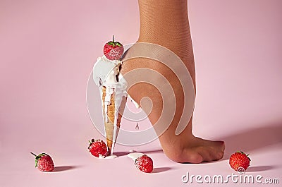 Nylons, stay-up, tights, hosiery, hose, pantyhose socks summer collection on pink background as a heel creative dessert ice cream Stock Photo