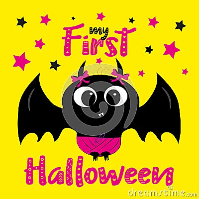 My first halloween text, with cute baby girl bat. Vector Illustration