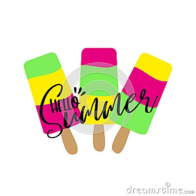 Hello Summer calligraphy with colorful ice creams. Vector Illustration