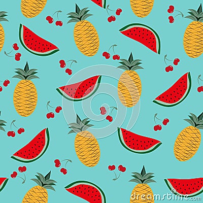 Tropical fruits, pineapple, watermelon, cherry seamless pattern on turquoise background. Vector Illustration