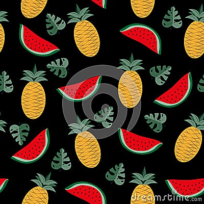 Tropical fruits, and palm leaf seamless pattern on black background. Vector Illustration