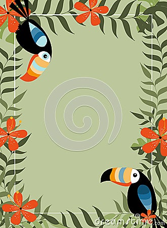 Exotic tropical jungle rain forest green palm tree and monstera leaves with toucan birds border frame template on geen background Vector Illustration