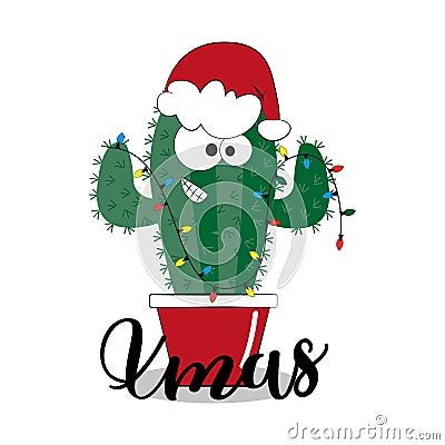 Cute Christmassy Cactus in Santa`s hat, and Xmas text. Vector Illustration