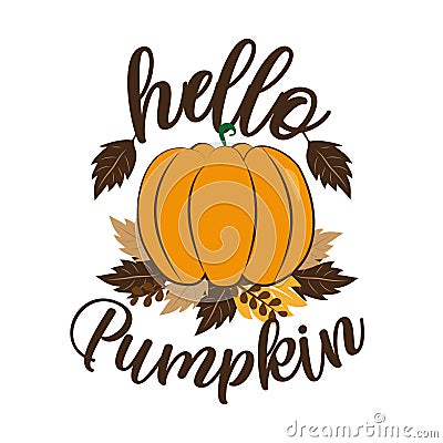 Hello Pumpkin - autumnal greeting with pumkin and leaves . Vector Illustration