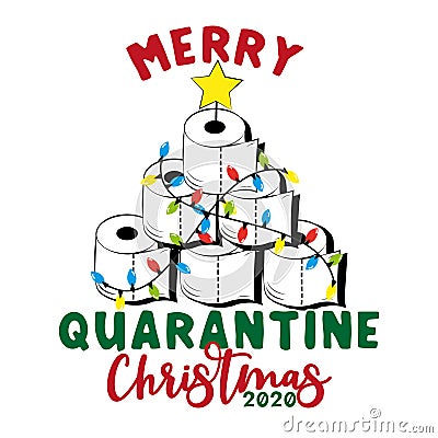 Merry Quarantine Christmas 2020-Funny greeting card for Christmas in covid-19 pandemic self isolated period. Vector Illustration