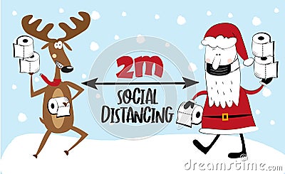 2m - Social distancing - COVID-19 information vector graphic. Santa Claus in facemask and reindeer with toilet papers. Vector Illustration