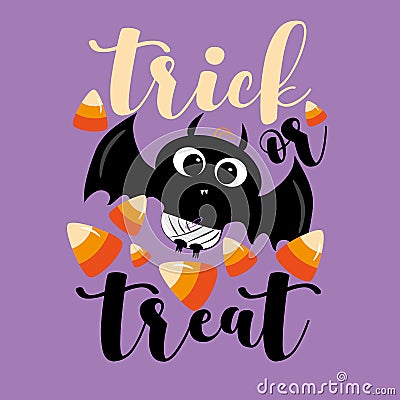 Trick Or Treat - Cute Baby bat and candy corns. Halloween vector illustation. Vector Illustration