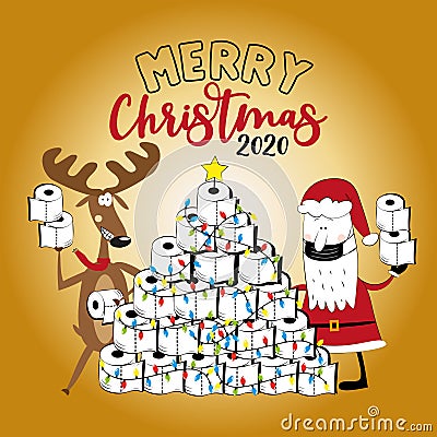 Merry Christmas 2020 -Funny reindeer and Santa Claus in facemask and toilet paper christmas tree. Vector Illustration