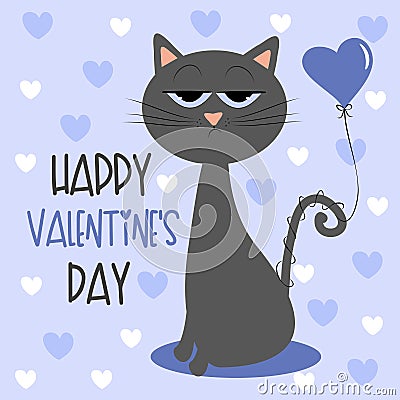 Happy Valentine`s Day - cute bored cat with air ballon, and hearts. Vector Illustration