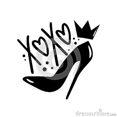 Xoxo - high heel shoe and crown vector illustation for women. Vector Illustration