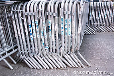 NYPD police metal blocking gates in a line ready to be assembled Editorial Stock Photo