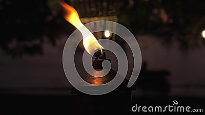 N?rbild som skjutas av facklan med brand och flammor som br?nner p? den tropiska stranden p? solnedg?ng stock video N?rbild som skjutas av facklan med brand och flammor som br?nner p? den tropiska stranden p? solnedg?ng stock video