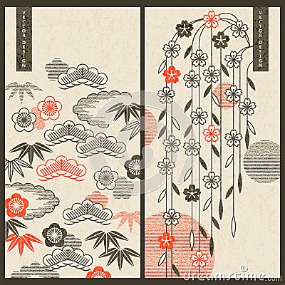 Set with two vector card templates withh traditional japanese paintings of clouds and flowers. design for cards, covers, Vector Illustration