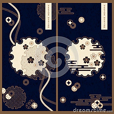 Vector blue set with two ornamented japanese card templates Vector Illustration