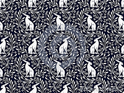 Seamless pattern with a hare and gentle white floral ornament Vector Illustration