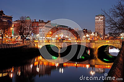 O`Connell Bridge and the north banks of the river Liffey in Dublin City Centre at night Editorial Stock Photo