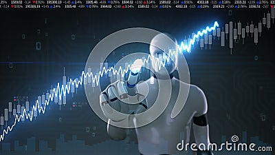 O cyborg do robô tocou na tela, em várias cartas animados e em gráficos do mercado de valores de ação aumente a linha Inteligênci O cyborg do robô tocou na tela, em várias cartas animados e em gráficos do mercado de valores de ação aumente a linha Inteligênci