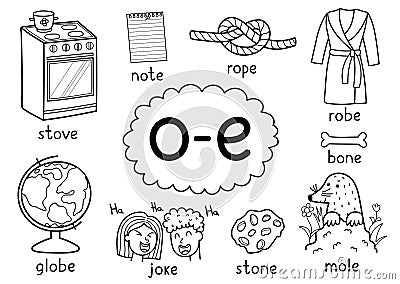 O-e digraph spelling rule black and white educational poster set for kids Vector Illustration