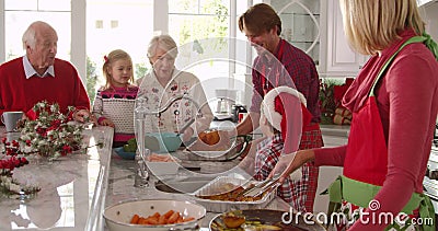 O grupo da família extensa prepara o almoço do Natal na cozinha - peru das tomadas do pai do forno e rega-o com colher O grupo da família extensa prepara o almoço do Natal na cozinha - peru das tomadas do pai do forno e rega-o com colher