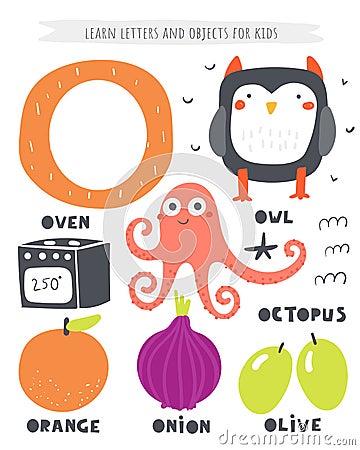 O letter objects and animals including octopus, oven, owl, onion, olive Vector Illustration