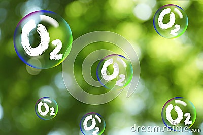 O2 molecules in bubbles and blurred view of green background. Oxygen release concept Stock Photo