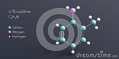 o-toluidine molecule 3d rendering, flat molecular structure with chemical formula and atoms color coding Stock Photo
