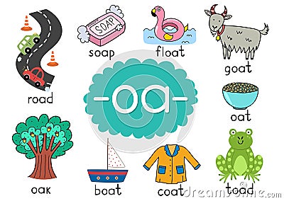 Oa digraph with words educational poster for kids. Learning phonics for school and preschool Vector Illustration