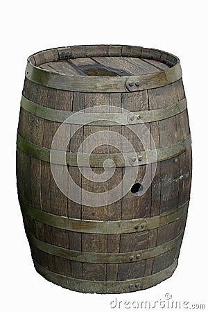 An oak barrel for storing and aging wine at a winery in Greece. Vertical image cut out picture. Hoops and straps. Stock Photo