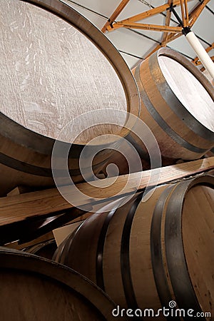 Oak barrels maturing red wine Stock Photo