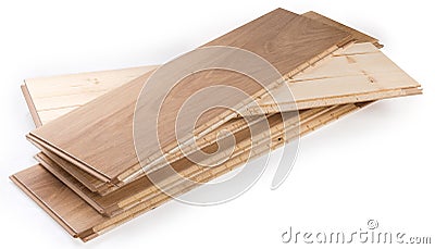 Oak engineered wood flooring boards on a white background Stock Photo