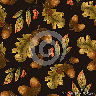 Oak Fall Leaves Seamless Pattern, Autumn Acorn Texture Stock Photo