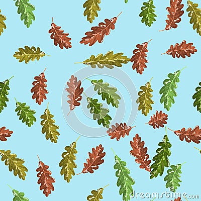 Oak green and brown leaf seamless pattern sky background Vector Illustration