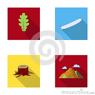 Oak leaf, saw, stump, mountain.Forest set collection icons in flat style vector symbol stock illustration web. Vector Illustration