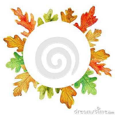 Watercolor autumn oak leaves. Circle frame on white background Stock Photo