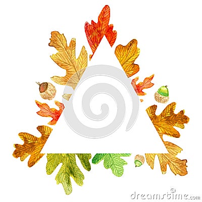 Autumn triangle frame. Watercolor oak leaves Stock Photo