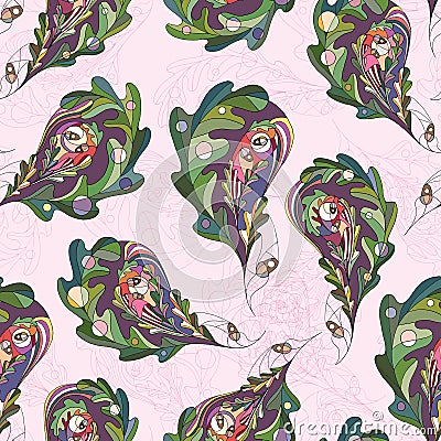 Oak leaves hand drawn seamless pattern. Abstract leaf paisley vector background in modern style. Nature texture for Vector Illustration