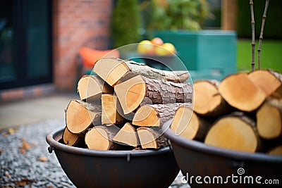 oak logs piled by a cast iron fire pit Stock Photo