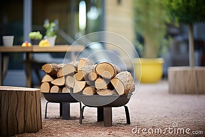 oak logs piled by a cast iron fire pit Stock Photo